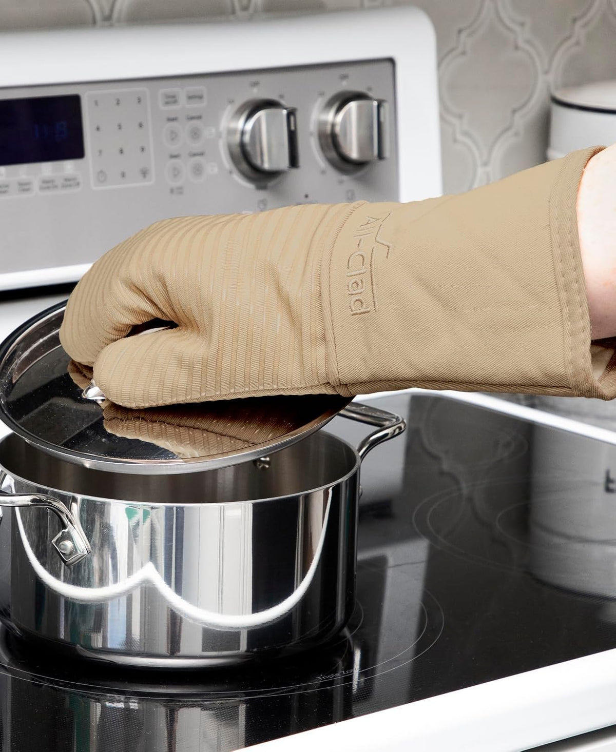 All-Clad Silicone Oven Mitts: Heat Resistant up to 500 Degrees - 100% Cotton & Silicone, 14"x7" Oven Mitt for Kitchen and Barbeque, Pewter