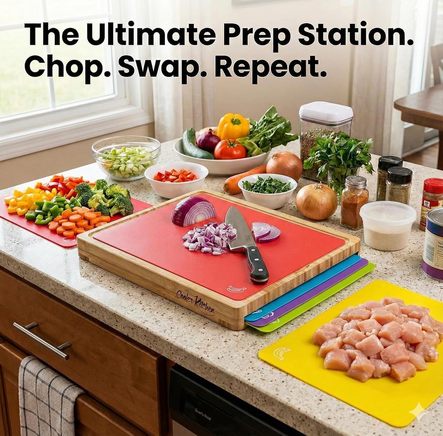 Bamboo Cutting Board Set with 6 Color Coded Flexible Mats Food Icons, BPA-Free Non Slip Easy Clean Cutting Boards for Kitchen with Holder, Dishwasher Safe, Meal Prep & Serving, Large | Cooler Kitchen