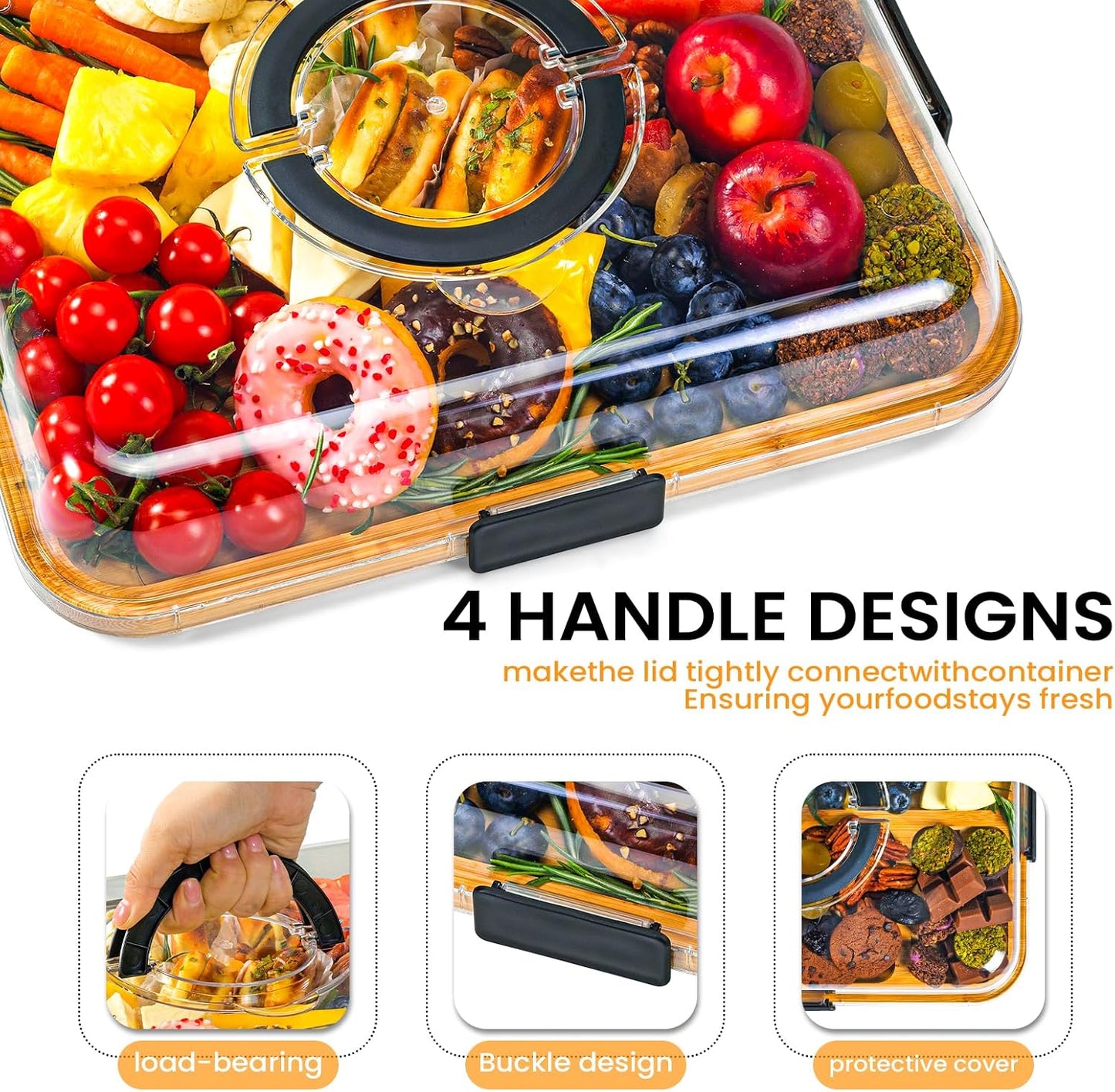 Charcuterie Board with Clear Lid, Portable 6-Compartment Cheese & Snack Tray, Reversible Bamboo Cutting Board, Secure Latch Closure for Picnics, Parties & Light Travel, Housewarming Gift