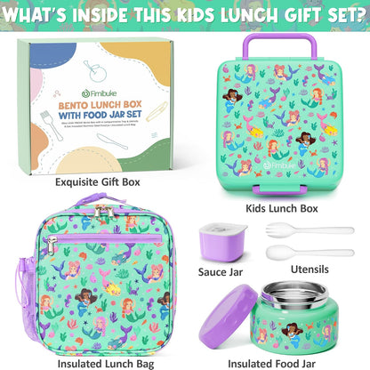 Fimibuke Bento lunch Box Set for Kids Adult with 8oz Insulated Food Jar, Lunch Bag & Sauce Cup, Leakproof Dishwasher Safe Toddler Lunch Food Container with 3-4 Compartment for School Girls Boys