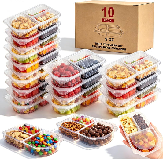3 Compartment Snack Containers with Lids & 9oz Meal Prep Containers, Reusable Snack Pack Containers, BPA-Free Leakproof Small Food Storage, Perfect for Work, Travel & On-the-Go (10 Sets)