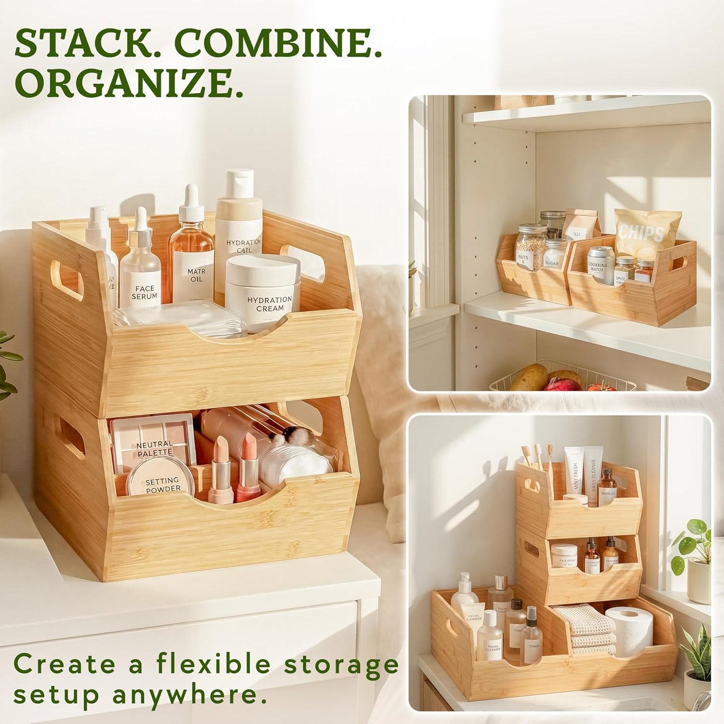 HOMESTEAD 3-Tier Bamboo Pantry Storage Bins – Stackable Potato & Onion Storage Bin with Handles, Fruit Basket & Produce Organizer for Kitchen Countertop, Pantry Organization, Set of 5