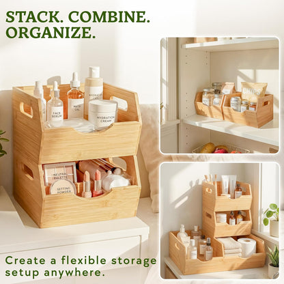 HOMESTEAD 3-Tier Bamboo Pantry Storage Bins – Stackable Potato & Onion Storage Bin with Handles, Fruit Basket & Produce Organizer for Kitchen Countertop, Pantry Organization, Set of 5