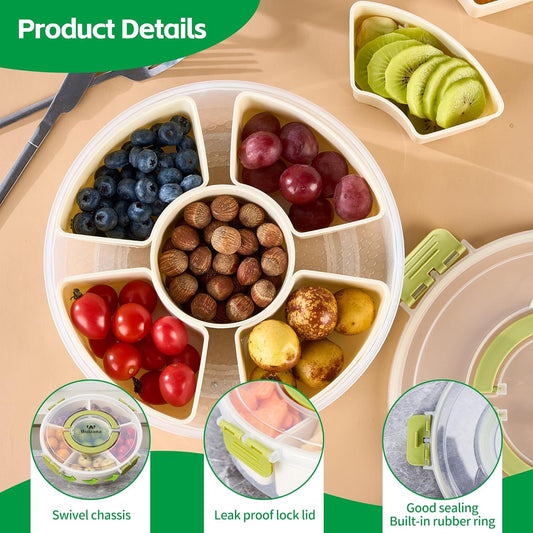 Divided Snack Container with Lid, 6-Compartment Round Snack Box with Handle, Portable Snack Tray for Fruits, Appetizers & Party Snacks, BPA-Free, Microwave & Dishwasher Safe