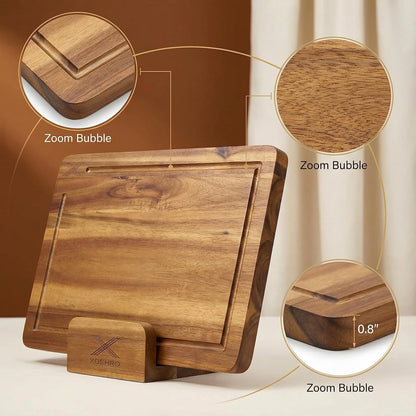 Acacia Wood Cutting Board Set of 3 with Stand - Thick Wooden Chopping Boards with Deep Juice Grooves - Non-Slip & Durable Wooden Boards for Meat & Vegetables (16x12, 14x10, 12x8) - Natural