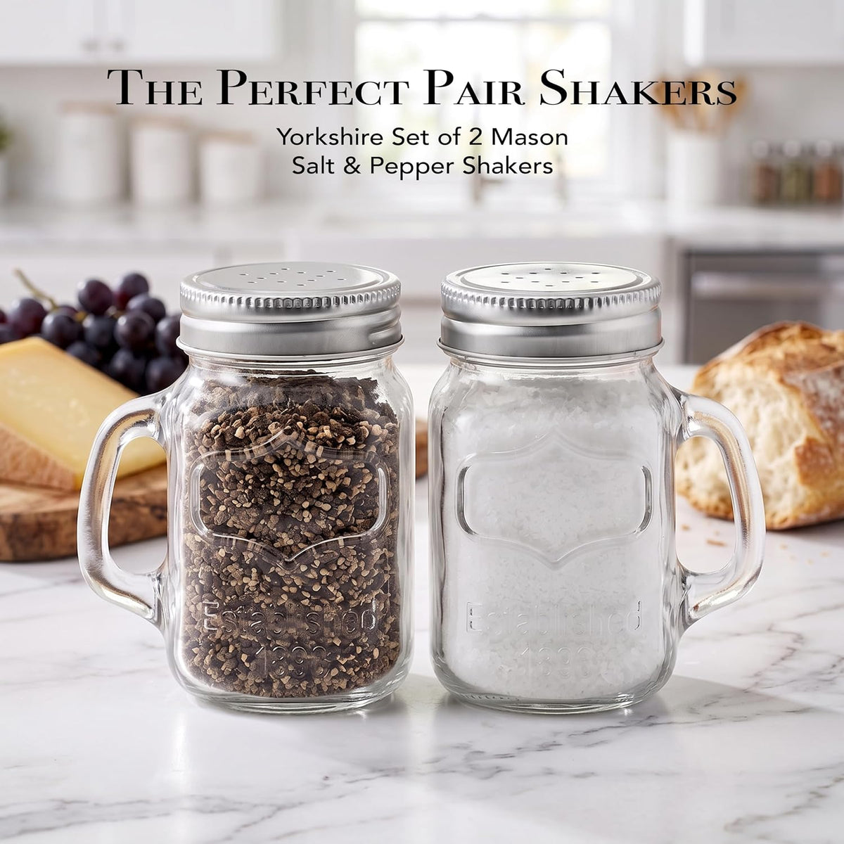Circleware Mason Yorkshire Jar Mug Salt and Pepper Shakers with Glass Handles and Metal Lids, 5 Ounce, Set of 2 in Gift Box, Limited Edition Glassware Serveware