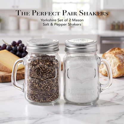 Circleware Mason Yorkshire Jar Mug Salt and Pepper Shakers with Glass Handles and Metal Lids, 5 Ounce, Set of 2 in Gift Box, Limited Edition Glassware Serveware