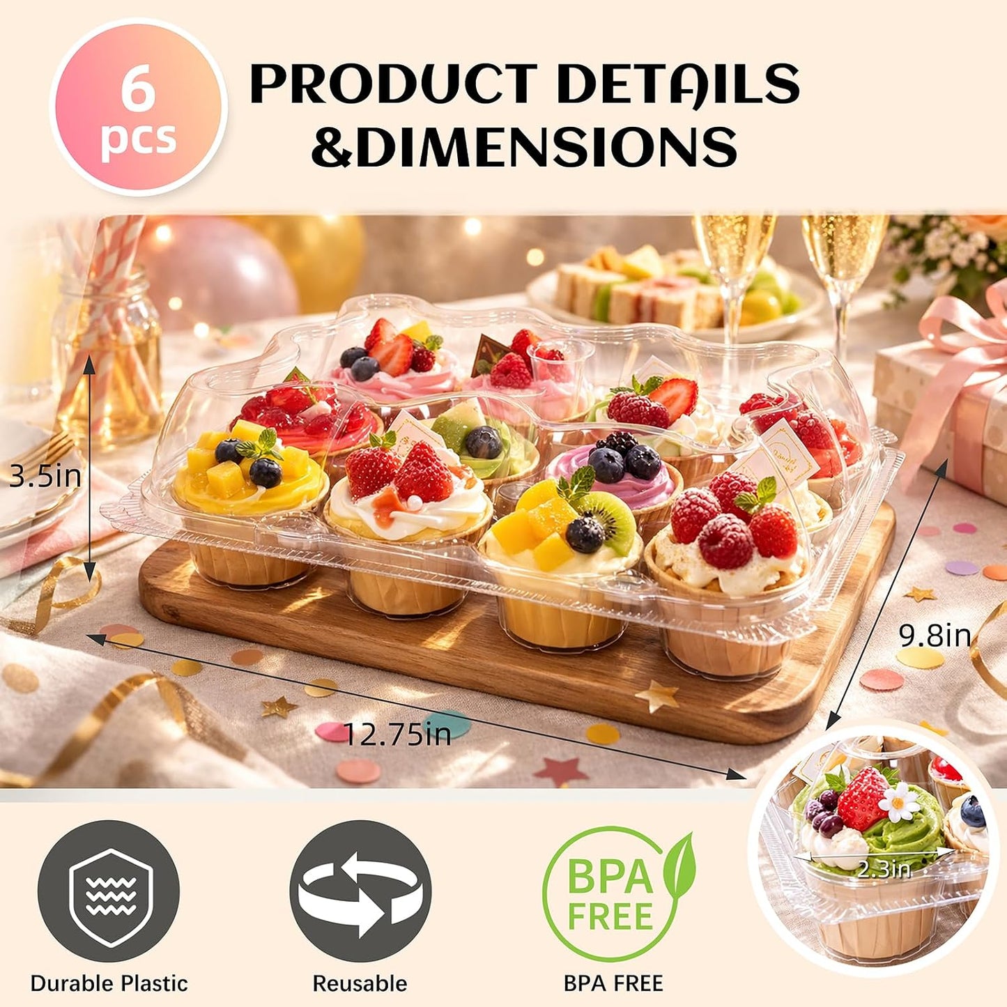 WIKDAY (12 Count x 20 Sets Plastic Cupcake Containers with Liners, Clear Cupcake Holder with Lids, Disposable Cupcake Carrier for Bakery, Cupcake Storage Box for Parties, Bake Sale Packaging