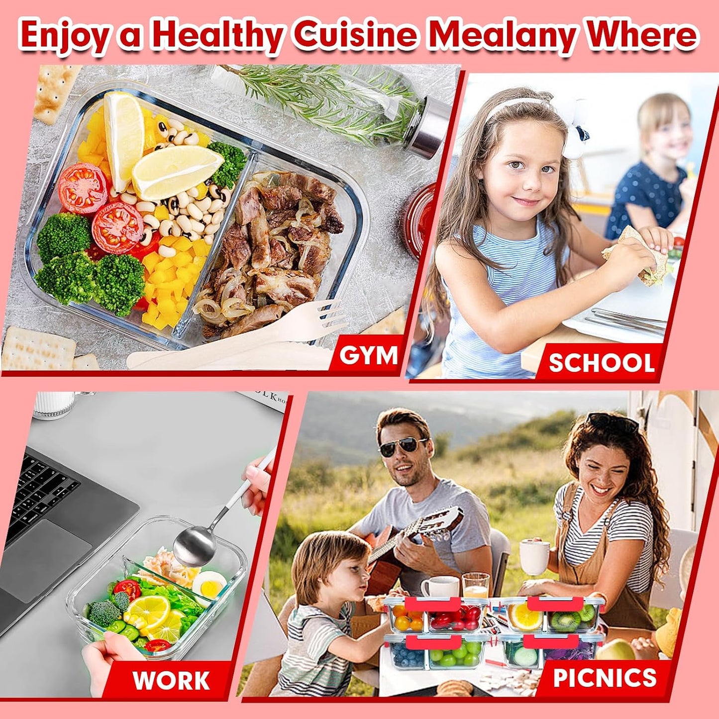 VERONES 5 Pack Glass Meal Prep Containers 2 Compartment Set, 36OZ Airtight Lunch Containers, Glass Food Storage Containers with Lids, for Microwave, Oven, Freezer & Dishwasher Friendly,White
