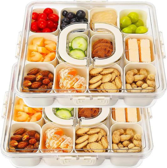 Divided Serving Tray with Lid and Handle,Snack tray Storage Organizer with lid,Portable Snackle Box Charcuterie Container,Snack Platters for Fruit, Nuts, Candy, (2 Pack-12 Compartments)