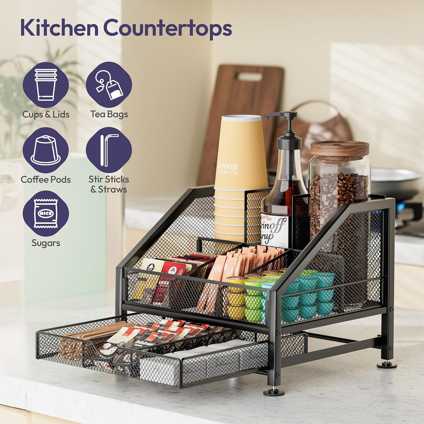 SWTYMIKI Coffee Bar Organizer for Countertop – Space-Saving Kcup Organizer with Tiered Shelves, Countertop Coffee Station for Pods, Sugar, Syrup, Cups, Stirrers, Mesh Condiment Storage