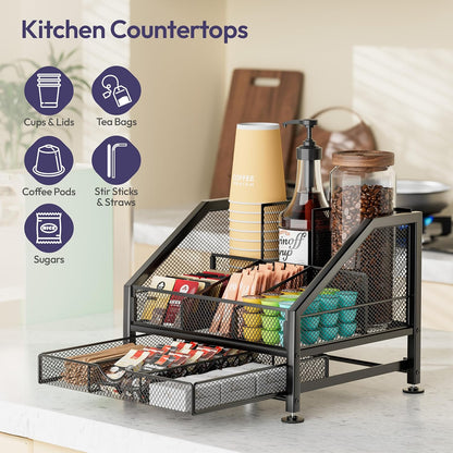 SWTYMIKI Coffee Bar Organizer for Countertop – Space-Saving Kcup Organizer with Tiered Shelves, Countertop Coffee Station for Pods, Sugar, Syrup, Cups, Stirrers, Mesh Condiment Storage