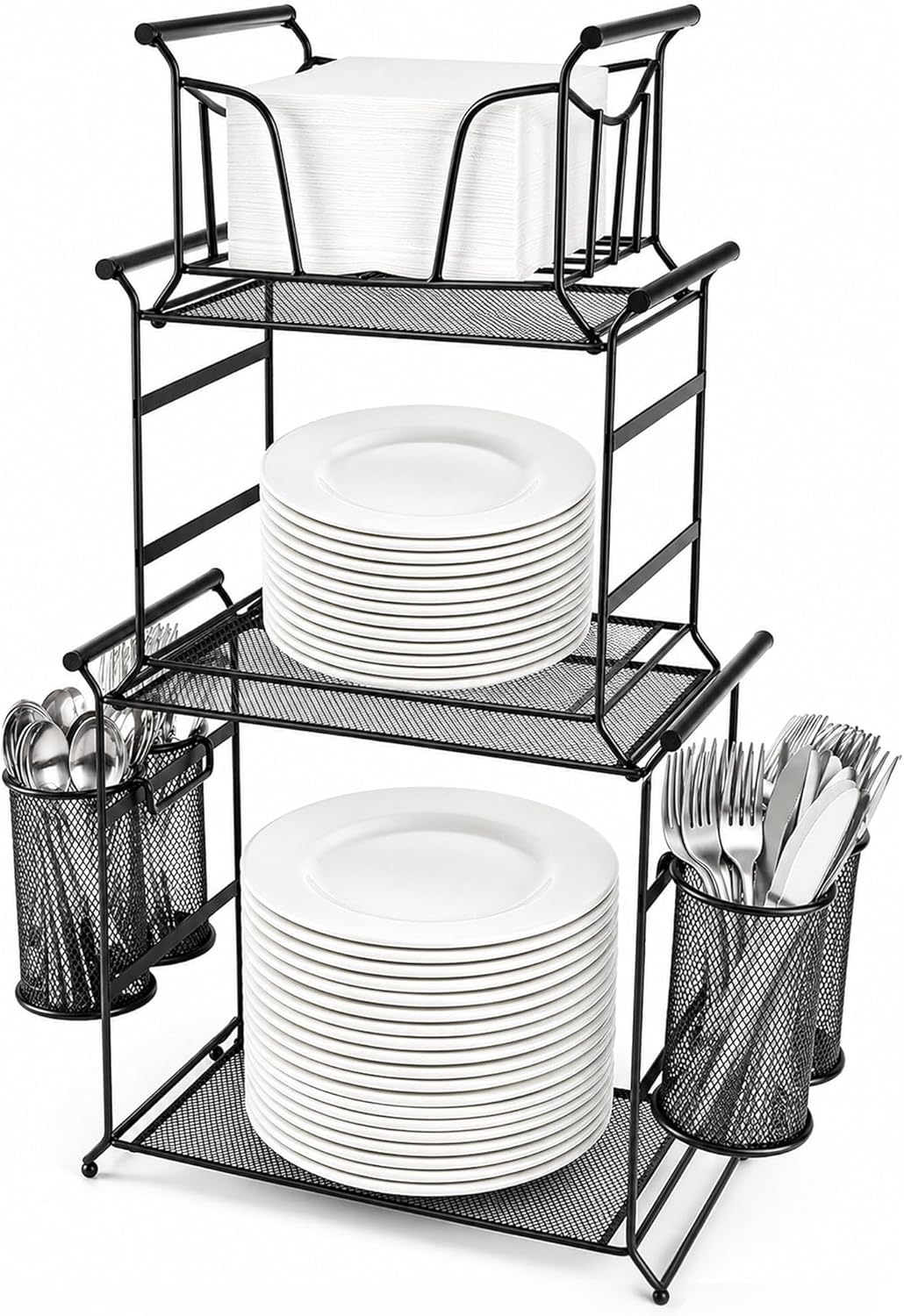 HULISEN 3-Tier Buffet Caddy, 7-Piece Set Stackable Paper Plate and Utensil Holder for Party, Detachable Mesh Silverware Organizer for Countertop, Metal Serving Station for Hosting Party Essentials