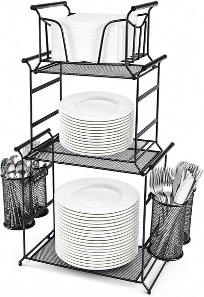 HULISEN 3-Tier Buffet Caddy, 7-Piece Set Stackable Paper Plate and Utensil Holder for Party, Detachable Mesh Silverware Organizer for Countertop, Metal Serving Station for Hosting Party Essentials