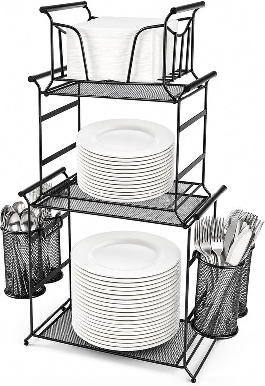 HULISEN 3-Tier Buffet Caddy, 7-Piece Set Stackable Paper Plate and Utensil Holder for Party, Detachable Mesh Silverware Organizer for Countertop, Metal Serving Station for Hosting Party Essentials