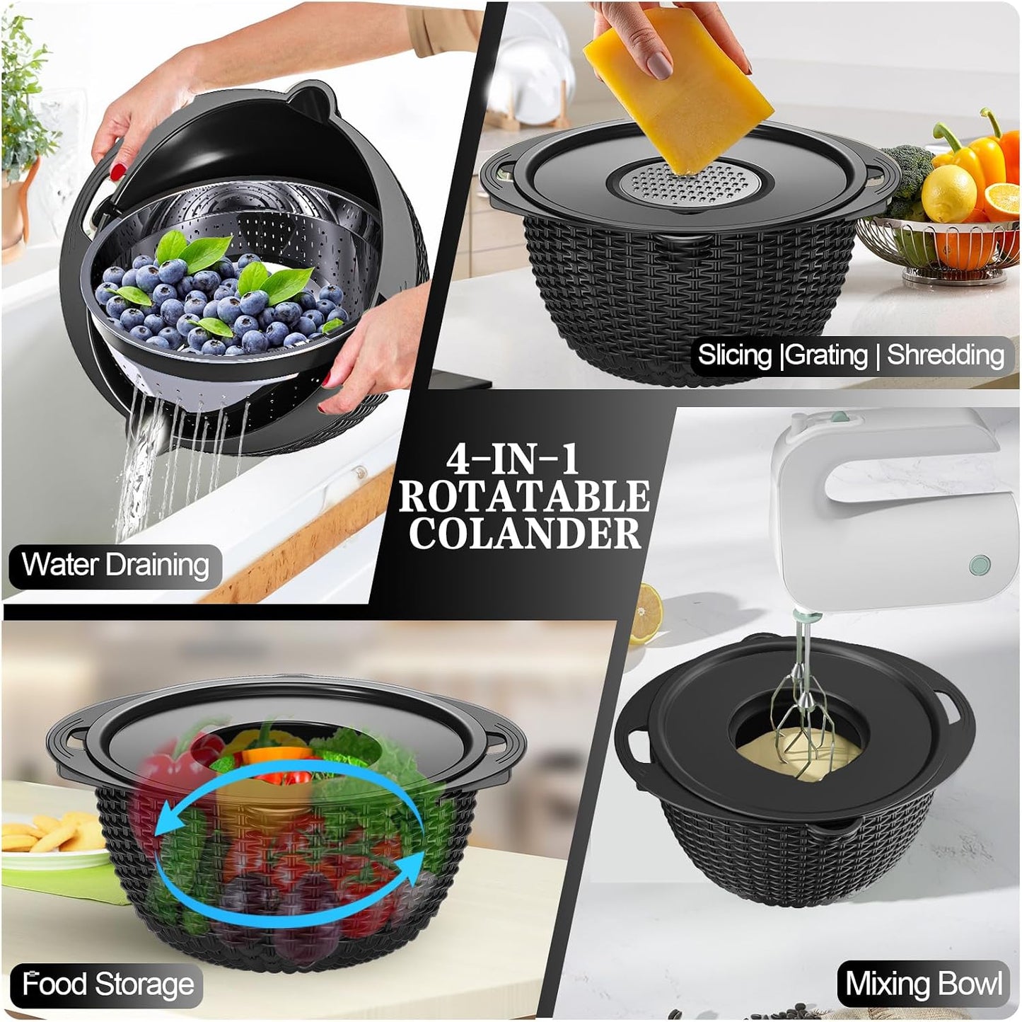 4-in-1 Colander with Bowl Set — Patented 360° Rotatable Strainer Bowl with 3 Graters, Snap-On Lid & Non-Slip Base, Funny Kitchen Present for Women, Aesthetic Pasta Fruit Vegetable Strainer (Beige)