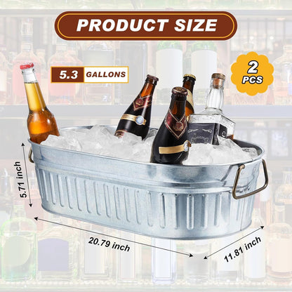 Lallisa 2 Pcs 5.3 gallons Galvanized Beverage Tub Galvanized Bucket Metal Ice and Drink Bucket with Handles Tub for Parties Farmhouse Home Pool Bar (White)