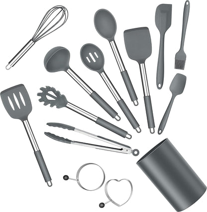 E-far Silicone Cooking Utensils Set, 7 Pcs Heat Resistant Kitchen Utensils with Stainless Steel Handle, Slotted Turner, Spoon, Soup Ladle, Pasta Server, Skimmer, Tongs for Nonstick Cookware, Black