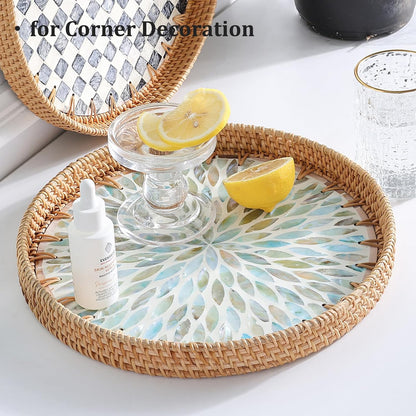 Round Rattan Tray with Mother of Pearl Inlay, Rattan Serving Tray for Coffee, Bread, Fruits, Decorative Wicker Tray for Table Decor, Home Decor, Kitchen Island Decor(Black Checkerboard, 11.8")