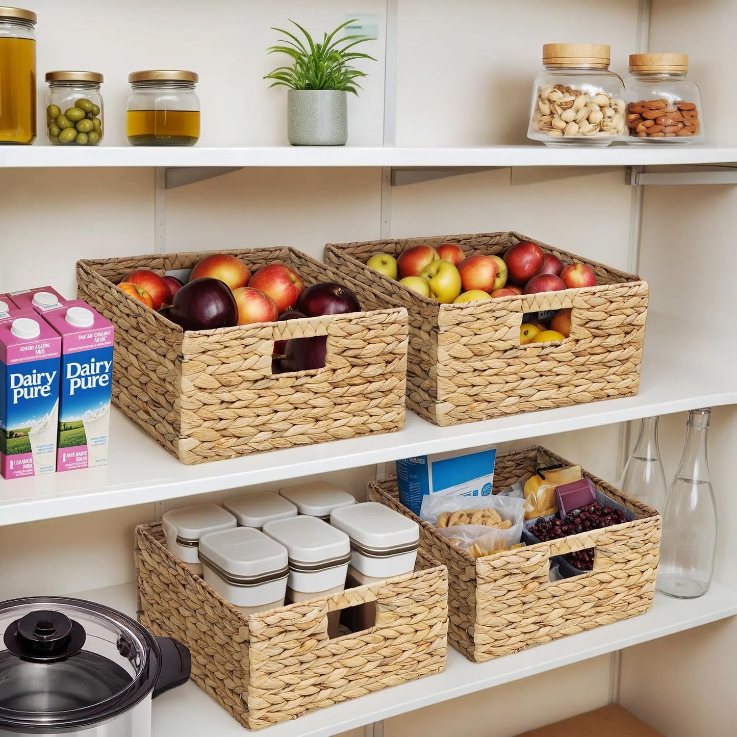 eHemco Trapezoid Woven Hyacinth Wicker Pantry Storage Baskets with Iron Wire Frame, 13.25"x9"x7/3.5", Natural, Set of 2