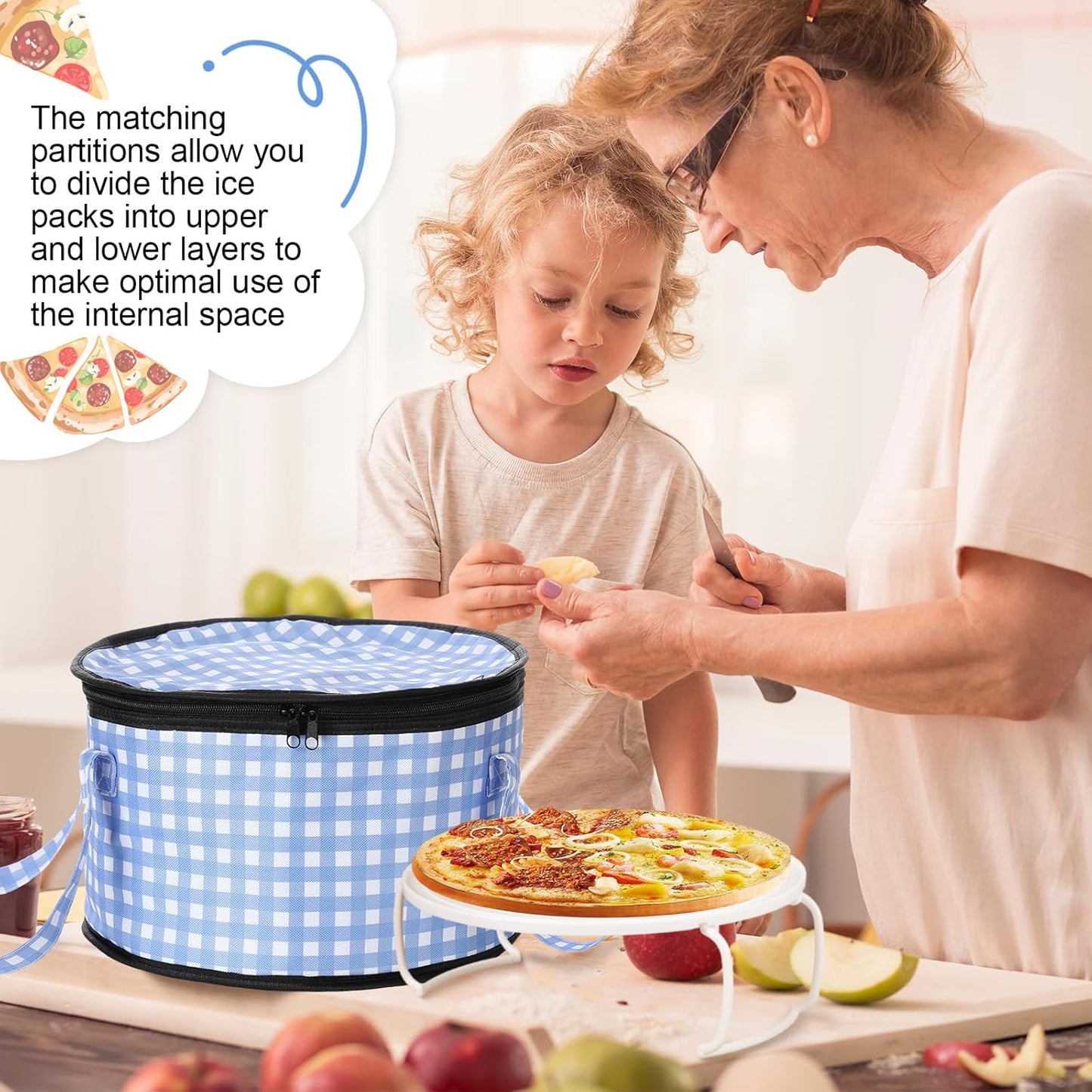 Pickmesh Round Pie Carrier 12 x 7 Inch Insulated Casserole Carriers with Lid and Detachable Handle Cake Carrier for Hot or Cold Food Transport Thanksgiving Christmas Gift (Blue and White Plaid)