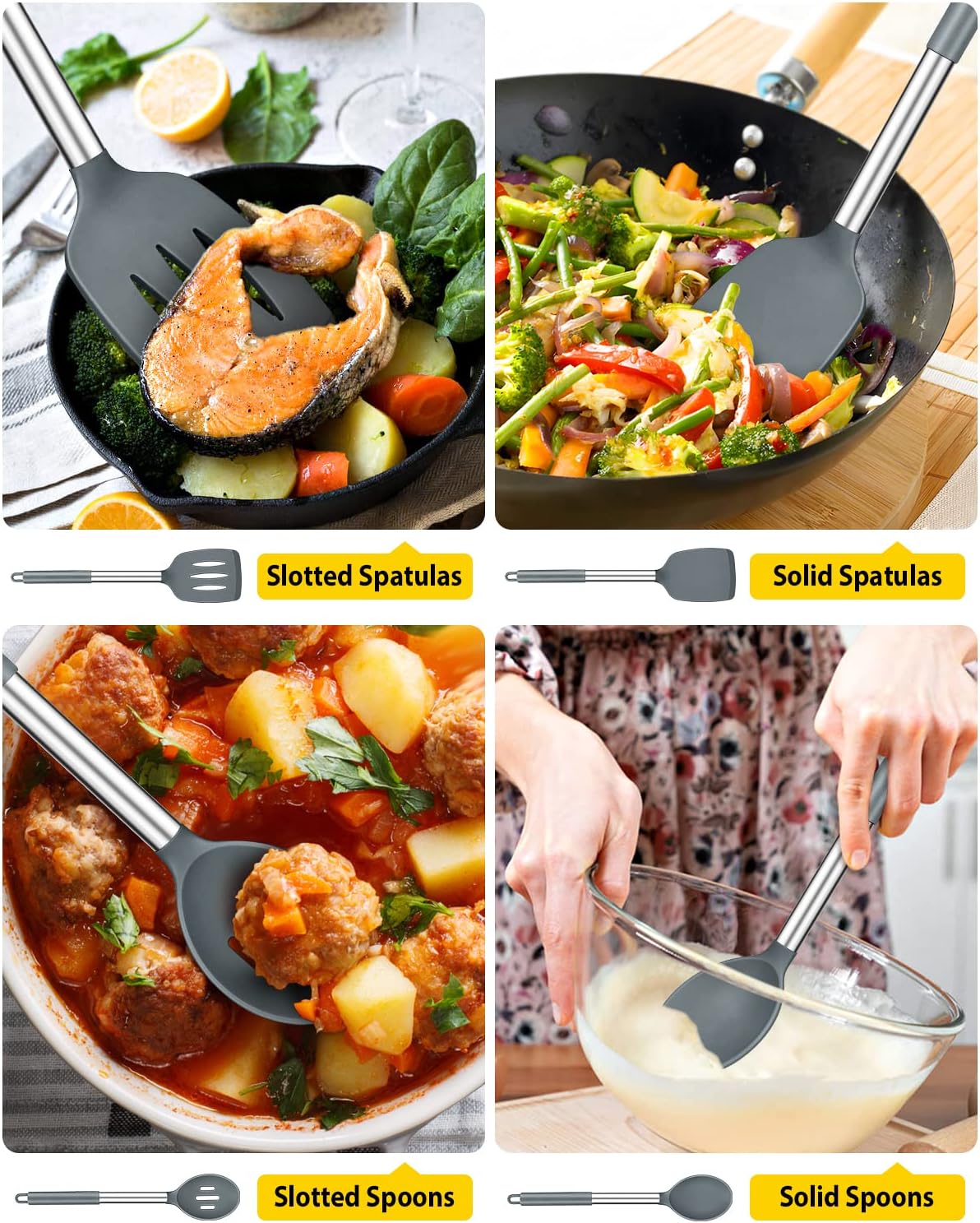 Pack of 4 Silicone Cooking Utensils Set, Non Stick Large Solid Spatulas, Heat Resistant Black Slotted Spoons, Ideal BPA Free Kitchen Turners for Frying, Mixing,Serving,Draining,Turning,Stirring