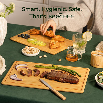 Keechee Cutting Board with Non-slip Mat, Bamboo Cutting Board for Kitchen Meal Prep & Serving - Wood Serving Board Set with Deep Juice Groove Ideal Kitchen Gifts