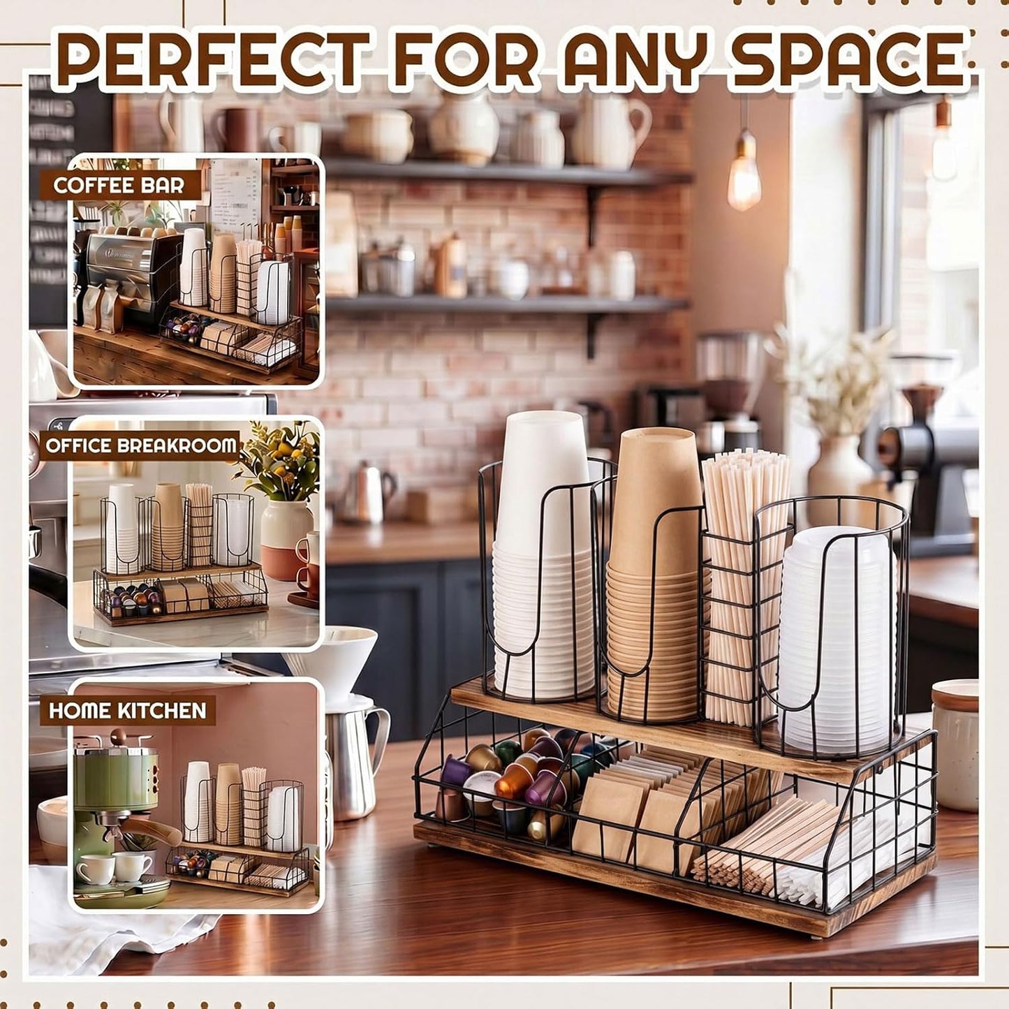 Geelin 18oz Adjustable Coffee Cup Dispenser with Wooden Base, Cup and Lid Holder, Cups Holder Organizer for Coffee Pod Straw and Lid Storage(2-compartment Single,Color 2)