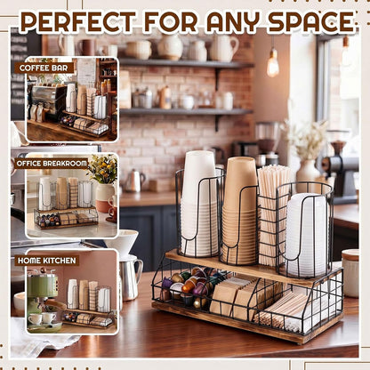 Geelin 18oz Adjustable Coffee Cup Dispenser with Wooden Base, Cup and Lid Holder, Cups Holder Organizer for Coffee Pod Straw and Lid Storage(2-compartment Single,Color 2)
