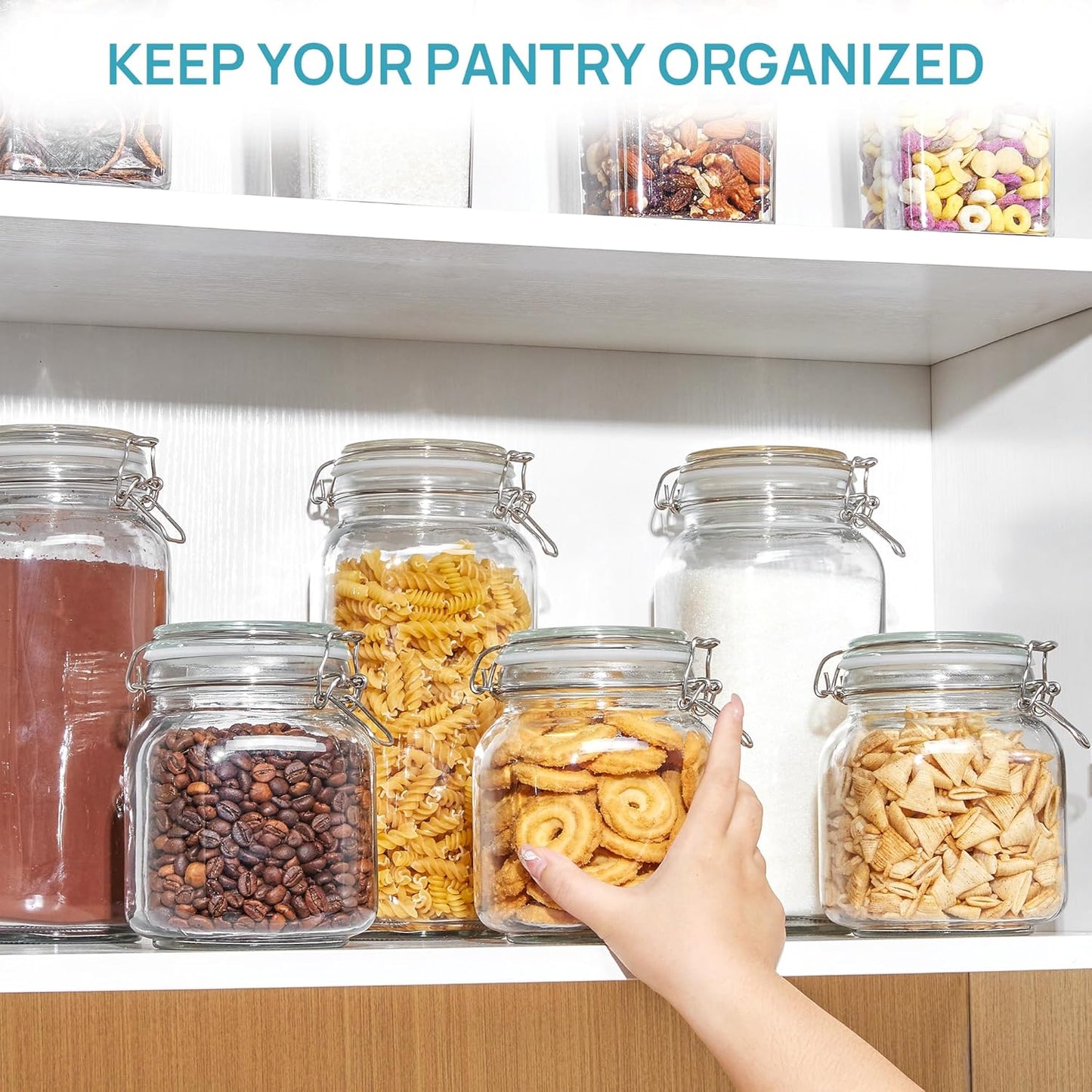 Vtopmart 78oz Glass Food Storage Jars with Airtight Clamp Lids, 3 Pack Large Kitchen Canisters for Flour, Sugar, Cereal, Coffee, Pasta and Canning, Square Mason Jars with 8 Reusable Labels