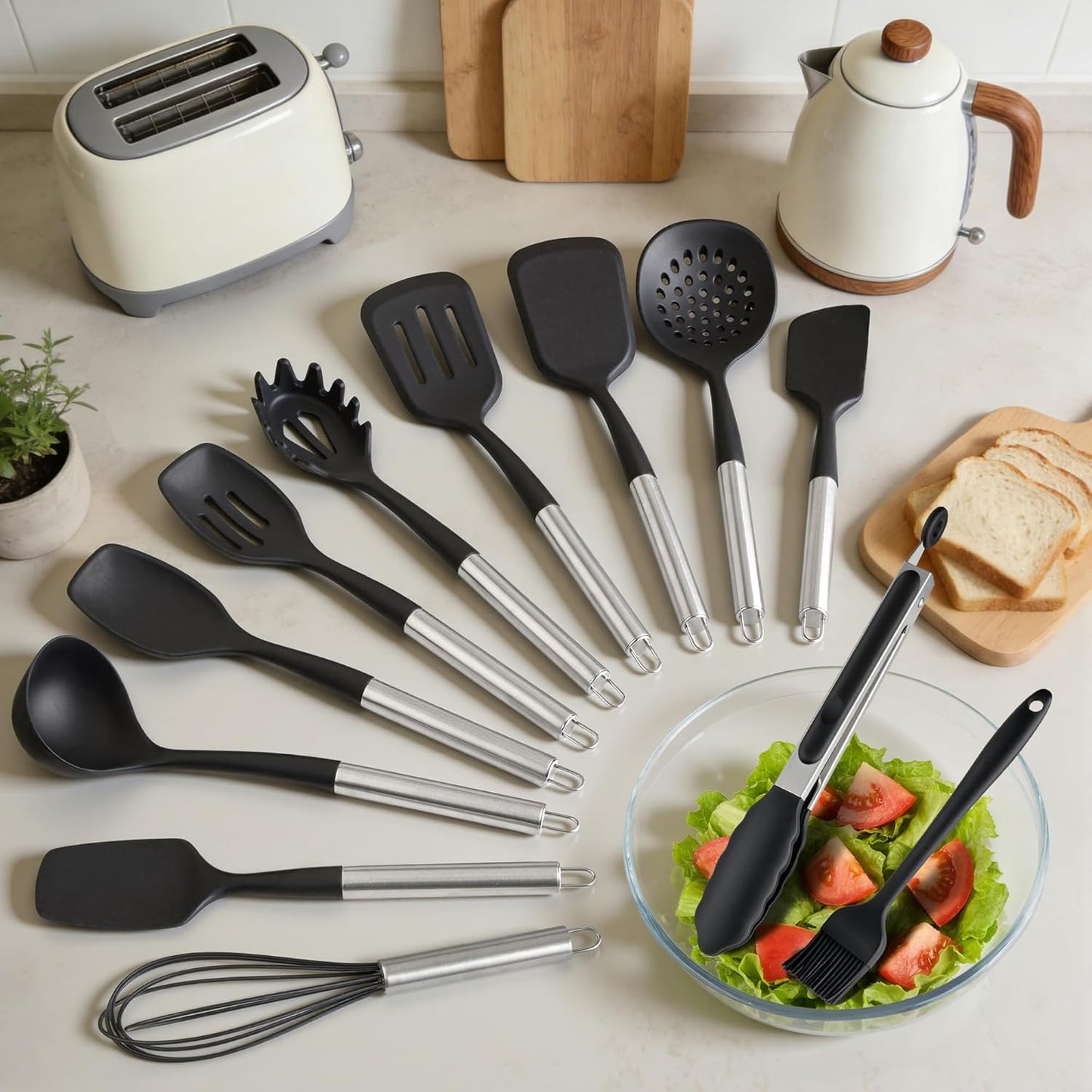 Silicone Kitchen Utensils Set, 5 PCS Heat Resistant Non Stick Cooking Tools, Silicone Spatula/Turner/Serving Spoon/Soup Ladle/Slotted Spoon, for Home and Camping