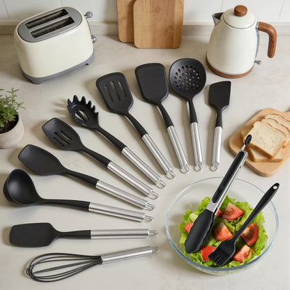 Silicone Kitchen Utensils Set, 5 PCS Heat Resistant Non Stick Cooking Tools, Silicone Spatula/Turner/Serving Spoon/Soup Ladle/Slotted Spoon, for Home and Camping