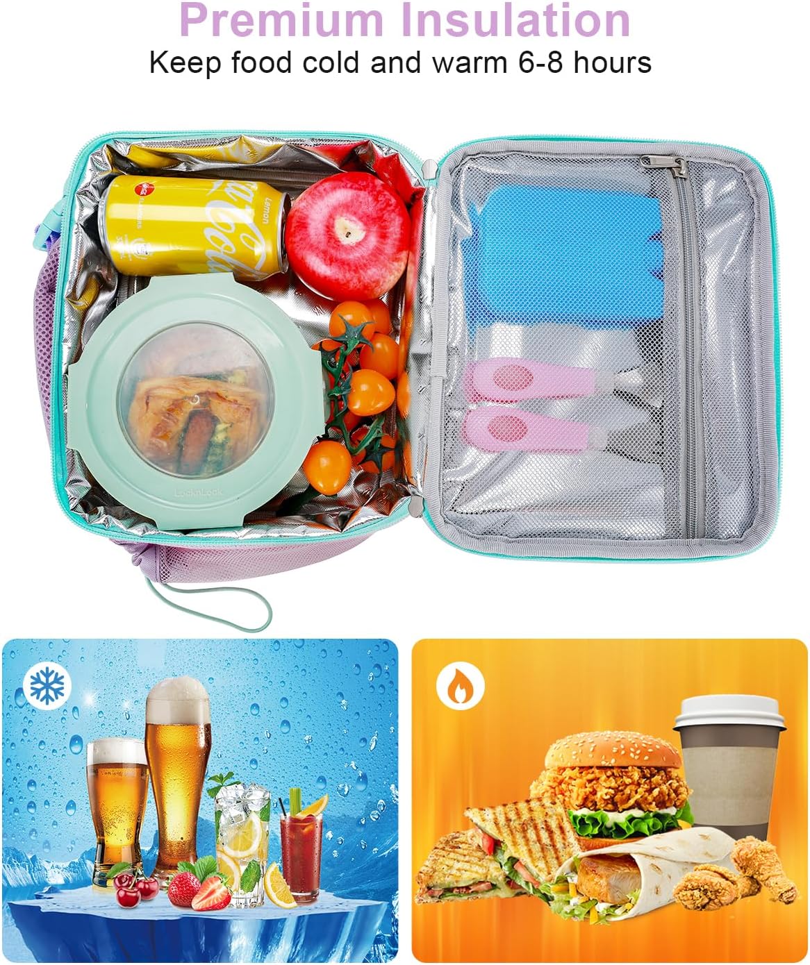 Amersun Kids Insulated Lunch Box- Water-Resistant, Reusable Cute Lunch Tote Bag with Water Bottle Holder & Multi-Pocket-Ideal for Ages 3+ Girls, Boy, School,Travel(Purple)