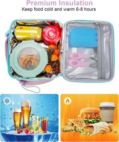 Amersun Kids Insulated Lunch Box- Water-Resistant, Reusable Cute Lunch Tote Bag with Water Bottle Holder & Multi-Pocket-Ideal for Ages 3+ Girls, Boy, School,Travel(Purple)