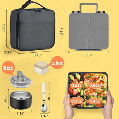 MAXSO Bento Lunch Box Set with 8 oz Soup Thermo, Kids Leakproof 4 Compartments Hot Food Container with Sauce Cup, Ice Pack and Lunch Bag, Child Insulated Food Jar for School - Black
