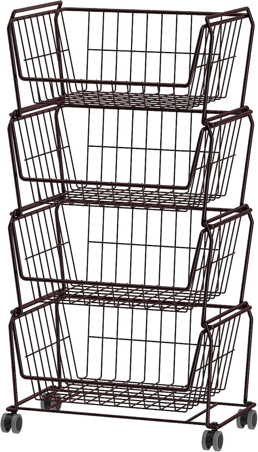 PUSDON 4-Tier Spacious Stackable Wire Storage Baskets with Wheels, Metal Rolling Utility Cart Organizer, Fruit and Vegetable Produce Basket for Kitchen Pantry, Everyday Bathroom Shelf, Silver Grey