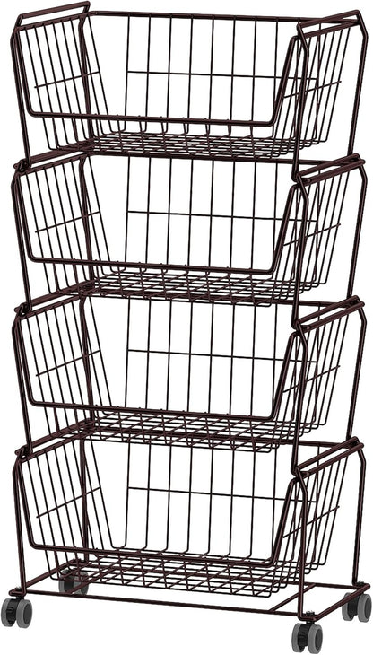 PUSDON 4-Tier Spacious Stackable Wire Storage Baskets with Wheels, Metal Rolling Utility Cart Organizer, Fruit and Vegetable Produce Basket for Kitchen Pantry, Everyday Bathroom Shelf, Silver Grey