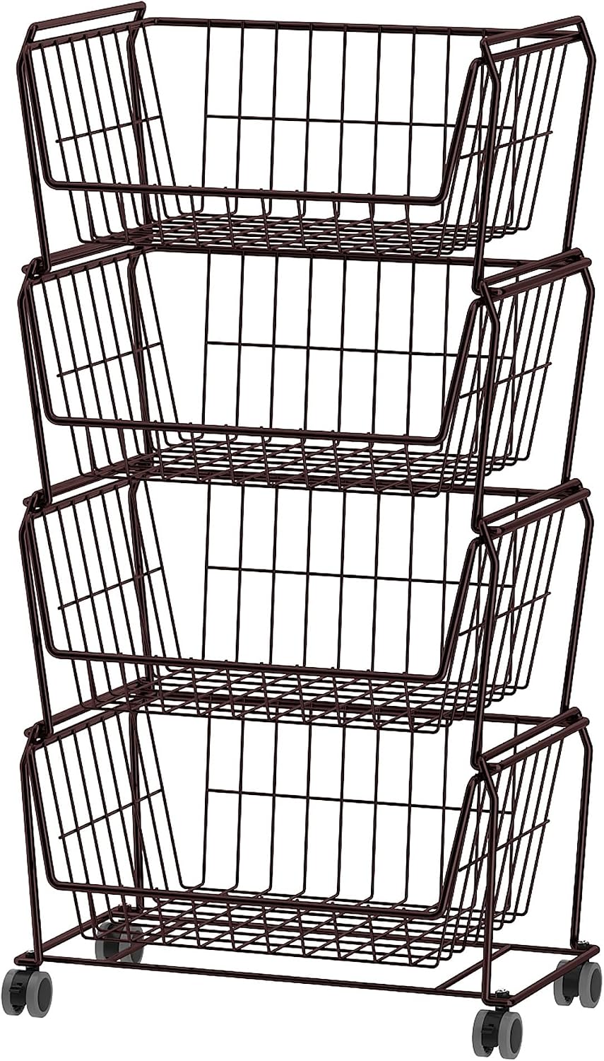PUSDON 4-Tier Spacious Stackable Wire Storage Baskets with Wheels, Metal Rolling Utility Cart Organizer, Fruit and Vegetable Produce Basket for Kitchen Pantry, Everyday Bathroom Shelf, Silver Grey