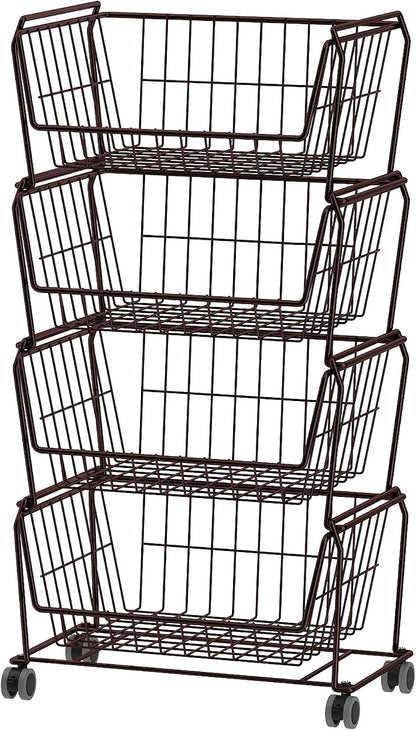 PUSDON 4-Tier Spacious Stackable Wire Storage Baskets with Wheels, Metal Rolling Utility Cart Organizer, Fruit and Vegetable Produce Basket for Kitchen Pantry, Everyday Bathroom Shelf, Silver Grey