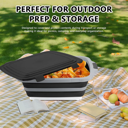 XL Collapsible BBQ Prep Tub with Lid (4.22 Gal / 16L) – Foldable Cutting Board Basin, Camping Sink & Food Storage Bin, Multipurpose Dish Tub for Meat, Fruit, Vegetables – Black