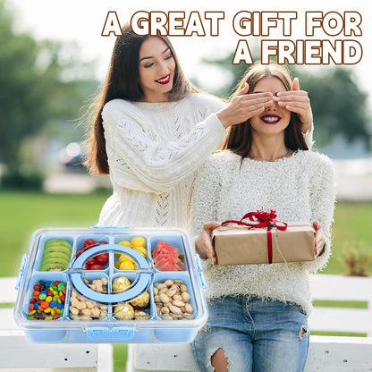 Divided Serving Tray with Lid and Handle,8 Compartments Snacks Box,Snack Fruit Tray,Veggie Tray,Portable Platter for Candy Fruits Nuts Snack Party Entertaining Picnic (2PCS Pink)
