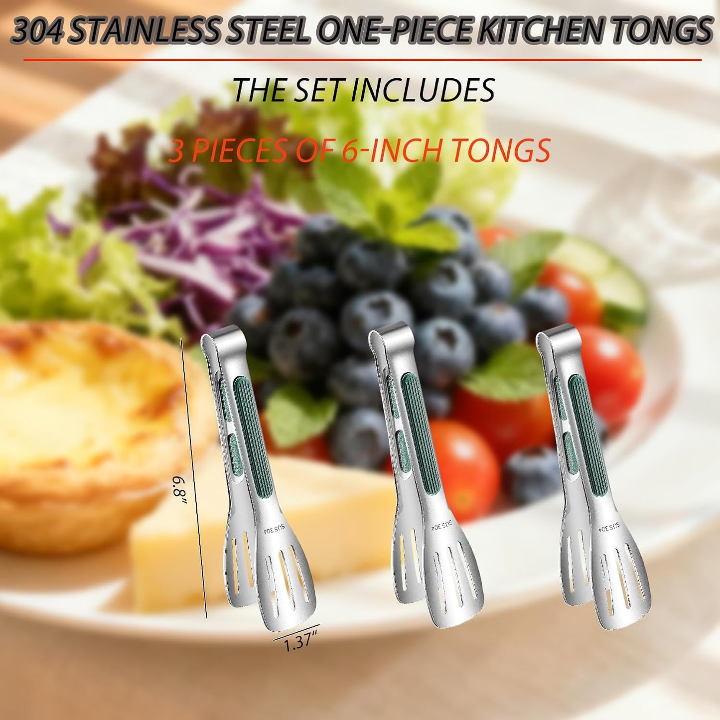 Stainless Steel Kitchen Tong Set - Anti-Slip Heat-Resistant Grip, Widened 3-Line Slotted Heads for Easy Clamping (Steaks, BBQ, Pasta, Salads), Easy Clean for Versatile Use Set of 3-6", Silver