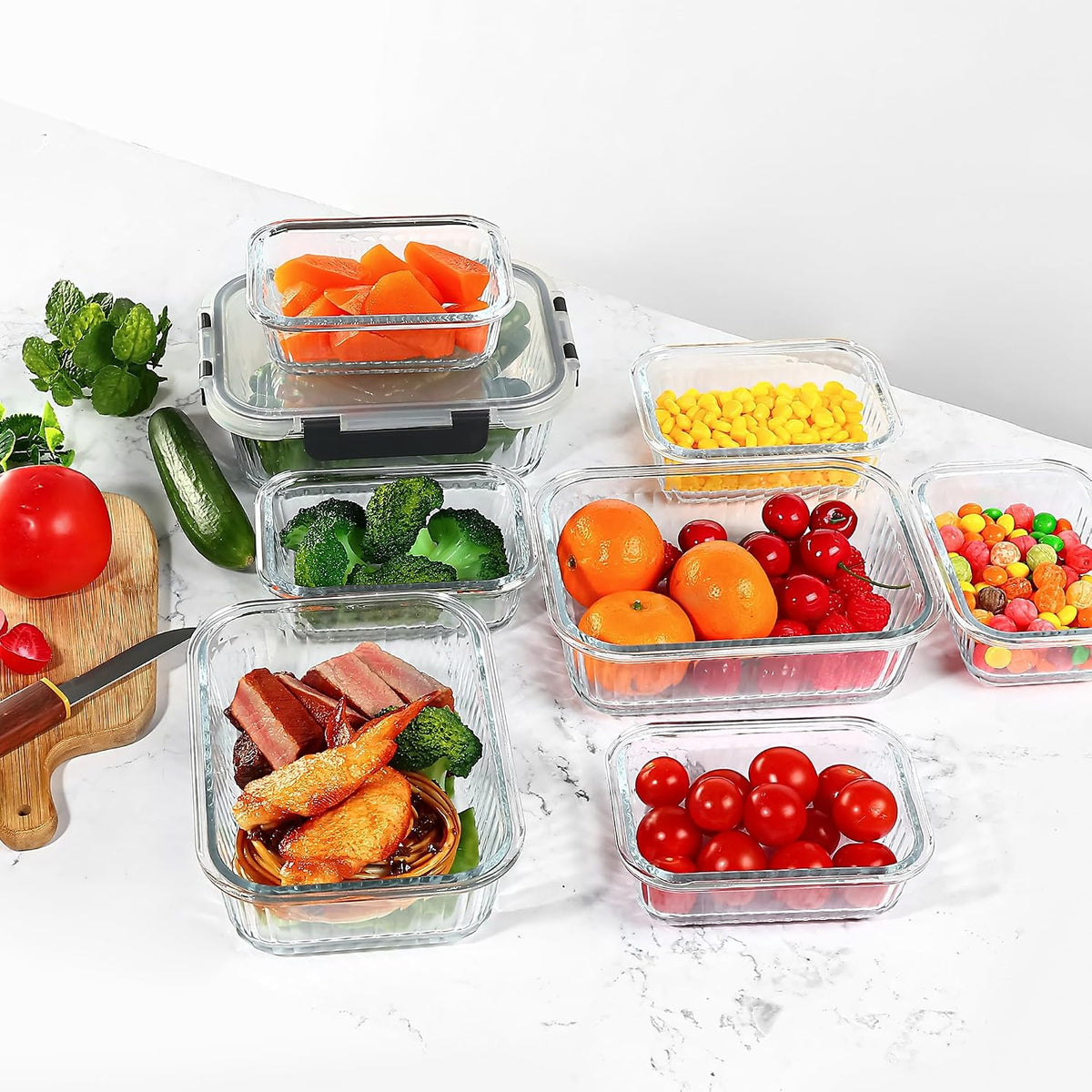 Meal Prep Containers Glass 10 Pack - Striped Food Storage Containers with Lids Airtight, 2 Sizes, Microwave Dishwasher Freezer Safe, Clear
