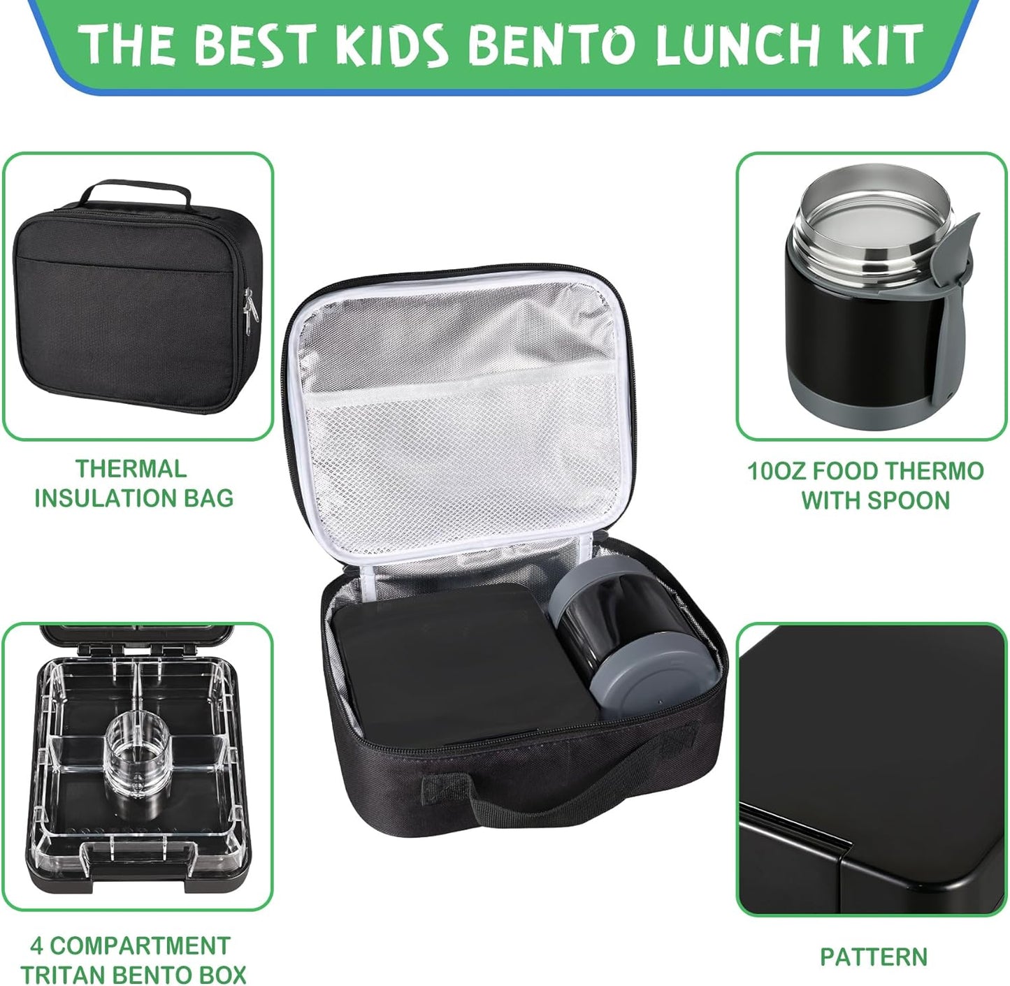 Pawtong Bento Lunch Box Set With 10oz Soup Thermo, Leak-proof Lunch Containers with 4 Compartment, Kids Hot Thermo Food Jar/Insulation Lunch Bag, Food Containers for School（Dinosaur）