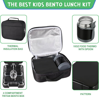 Pawtong Bento Lunch Box Set With 10oz Soup Thermo, Leak-proof Lunch Containers with 4 Compartment, Kids Hot Thermo Food Jar/Insulation Lunch Bag, Food Containers for School（Dinosaur）