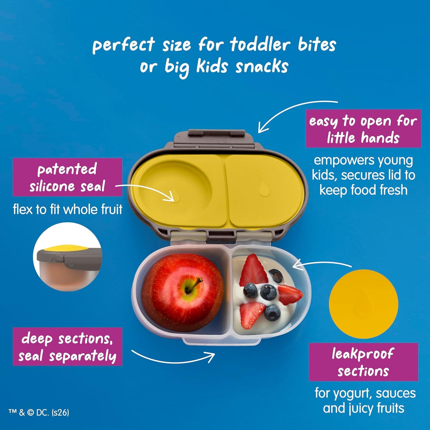 b.box Snack Box 2-Pack - Leak Proof Mini Bento Box for Kids & Toddlers, 2 Compartment Snack Containers for Kids, Dishwasher Safe, BPA-Free, PFAS-Free, Ages 4mo+, 1 3/4 Cup Each (Strawberry + Lilac)