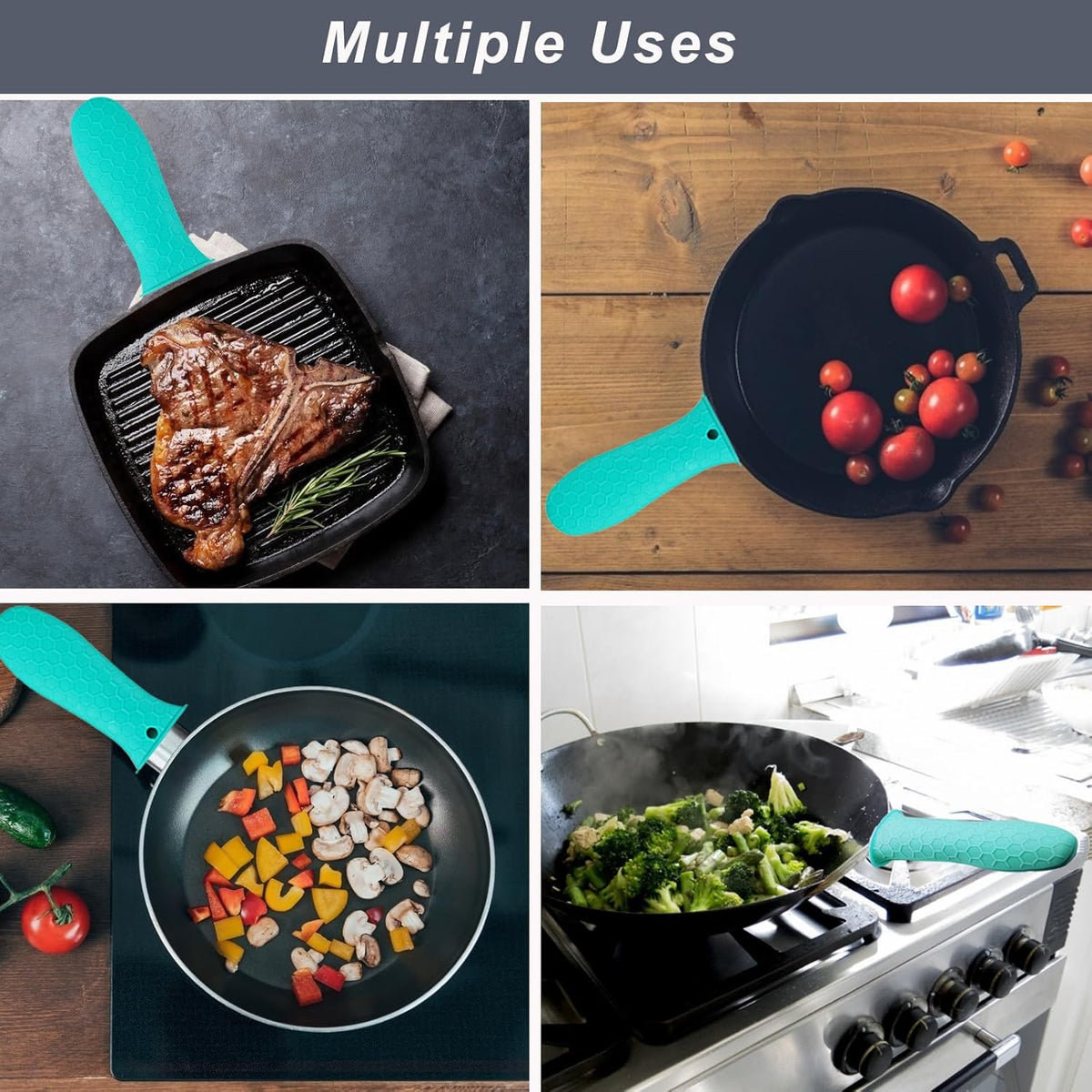 Silicone Hot Handle Holder - Potholder for Cast Iron Skillets & Frying Pans - Heat Resistant Sleeve Grip Handle Cover, Red, Black, Blue, Green