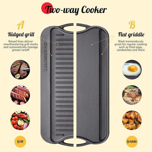 Overmont Pre-seasoned 17x9.8" Cast Iron Reversible Griddle Grill Pan with handles for Gas Stovetop Open Fire Oven, One tray, Scrapers Included