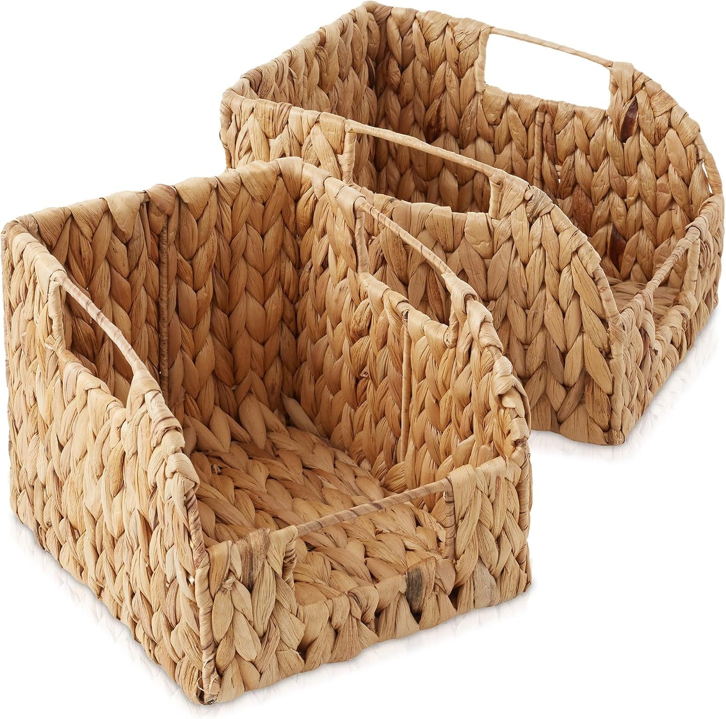Casafield Set of 2 Water Hyacinth Pantry Baskets with Handles - Espresso, Woven Storage Bin Organizers for Kitchen Shelves, Medium and Large Sizes