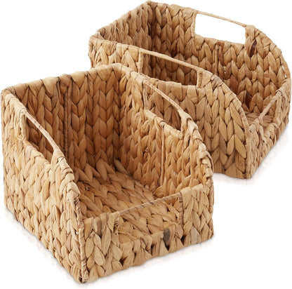 Casafield Set of 2 Water Hyacinth Pantry Baskets with Handles - Espresso, Woven Storage Bin Organizers for Kitchen Shelves, Medium and Large Sizes